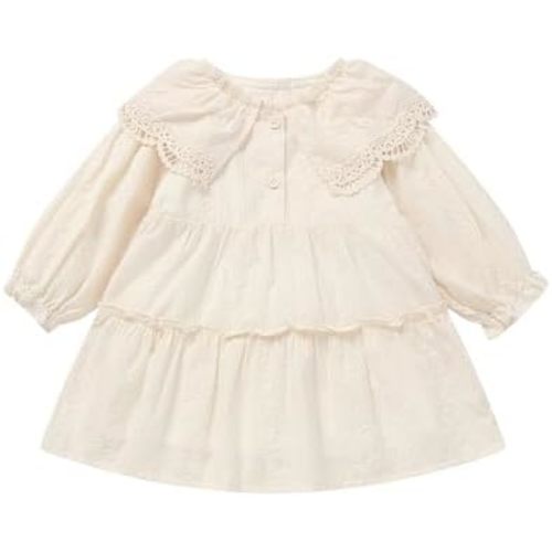 Girls Embroidery Dress Long Sleeve Peter Pan Collar Lined Eyelet Dresses 12M-6Y