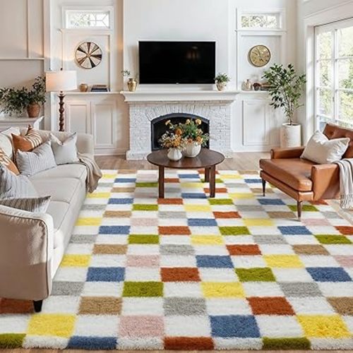 Checkered Rug 8x10 for Living Room, Colorful Modern Shag Rug Washable Non-Slip Large Area Rug Super Soft Indoor Fuzzy Carpet Fluffy Rugs for Bedroom Home Aesthetic Decor