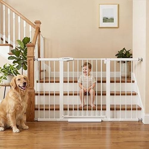 Mumeasy 29.7-57" Extra Wide Baby Gate, Auto Close Large Dog Gate for Doorways, No Drilling Pressure Mounted Pet Safety Gate for Stairs, Easy Walk Through Child Gate for Hallways, House, Indoor, White