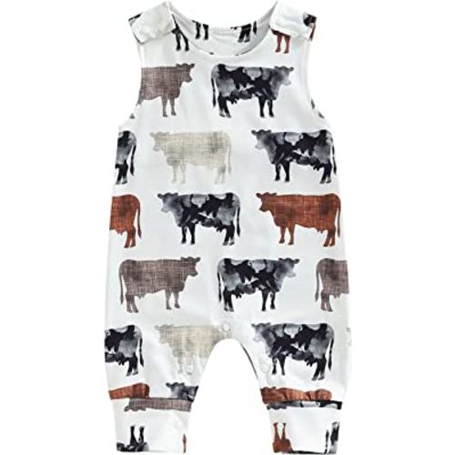Western Baby Boys Girls Summer Casual Jumpsuit Sleeveless O Neck Cartoon Cattle Print Romper Clothes