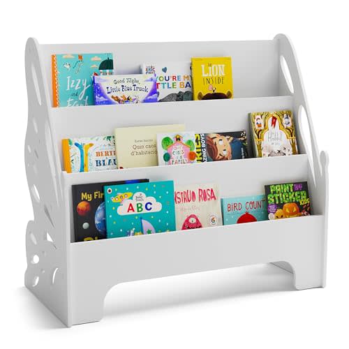 3 Tier Butterfly Kids Bookshelf - Nursery Bookshelf for Storage Organizer, Free Standing Baby Bookcase for Kids Rooms, Children Bookcase for Playing Room, Bedroom, Nursery, Classroom, White.