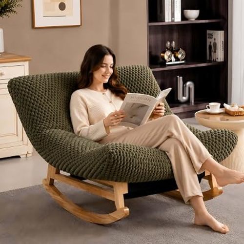 Oversized Rocking Chair Indoor with Corduroy Cushion (Antique Green)