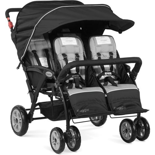Gaggle by Foundations Compass Quad 4 Seat Stroller | 4-Seat Stroller for Daycare | Oversized UV Blocking Canopy | 5-Point Harness | Easy Loading | Storage Bucket | Black