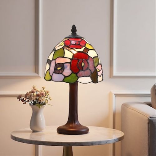 BIGHOUSE 14.5'' H Small Tiffany Style Table Lamp Beautiful Stained Glass Rose Flower Handcrafted Vintage Art Decor For Living Room Nightstand Bedroom Home Office in the Table Lamps department at Lowes.com