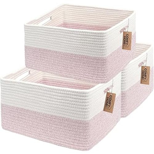 COMFY-HOMI 3 pcs Large Storage Baskets for Shelves, Laundry Basket, Woven Rope Basket, Closet Organizer Bins for Clothes Blanket Towels, Baby Nursery, Gift Toy Baskets, 17” x 13” x 7.5”-White/Pink