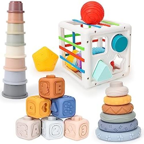 Balnore 5 in 1 Baby Toys 6 to 12 Months, Montessori Toys for Babies 6-12 Months, Pull String Teething Toys for Babies, Stacking Blocks & Stacking Cups & Sensory Toys for Toddlers 0-3-6-9-12-24 Months