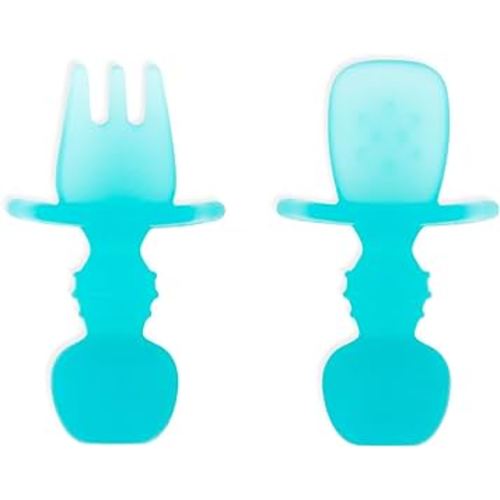 Bumkins Baby Utensils Set, Chewtensils Silicone Spoons for Dipping, Self-Feeding, Baby Led Weaning, Trainer Learning, First Stage Eating, Soft Practice Fork and Spoon, Babies 6 Months, Blue Jelly