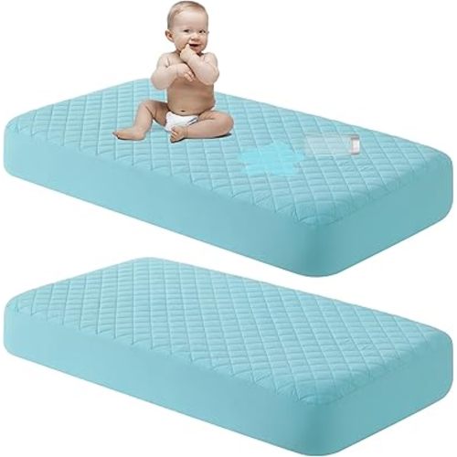 NTBAY 2 Pack Waterproof Crib Mattress Protector, Quilted 28"x52" Toddler Fitted Sheet - Machine Washable - Soft and Breathable Mattress Pad Cover for Crib, Nursery, Daycare, Cot, Aqua