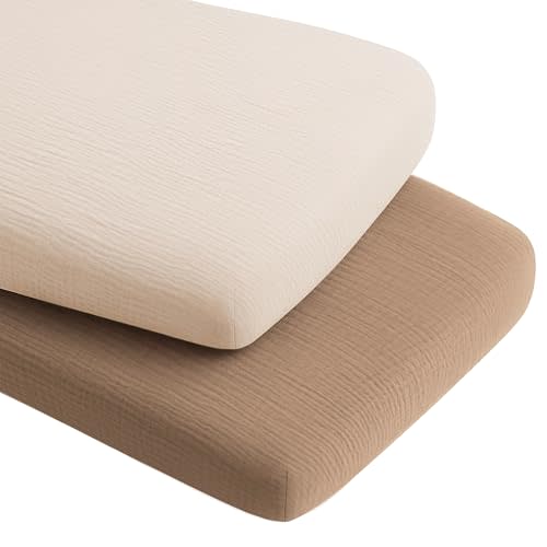 Konssy 2 Pack Muslin Bassinet Sheets for Boys, Girls, 100% Cotton Soft Breathable Fitted Bassinet Mattress Sheet, 33 x 21 inches (Brown,Summer Wheat)