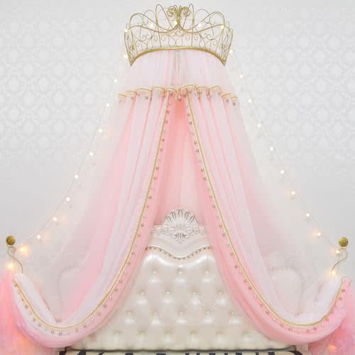 Girl Bed Curtain Princess Crown Room Decor Bedside Yarn Net Romantic Princess Tents Bed Canopy Valance (Light Pink)