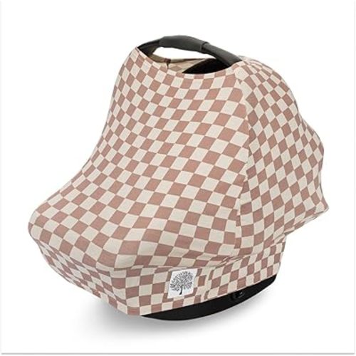 Parker Baby 4 in 1 Car Seat Cover for Girls and Boys - Stretchy Carseat Canopy, Nursing Cover, Grocery Cart Cover, High Chair Cover - "Rosewood Checker"