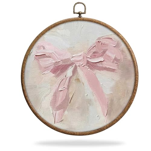 Coquette Pink Bow Round Frames for Art, Waterproof Oil Painting Pink Bow Boho Wall Hanging, Trendy Preppy Cute Art Decorations with Hook, for Home Bathroom Living Room Bedroom, 08