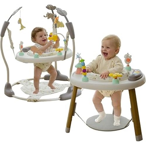 CuddoBaby Baby Jumper 4-Stage Convertible| Montessori -Inspired 8 Interactive Toys| Tummy Time Playmat, Bouncer, Exersaucer, Toddler Table| Music & Lights | 3-6, 6-12, 12-18, 12-24 Months - Gray