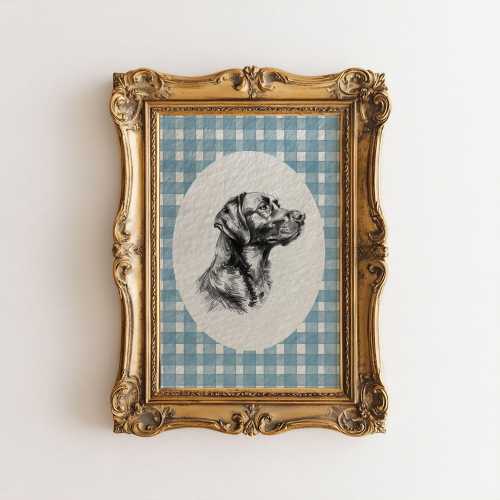 Watercolor Black Lab Art Print, Blue Nursery Decor, Vintage Aesthetic Dog Sketch Art, Puppy Nursery Gingham Coquette Print, Digital Download