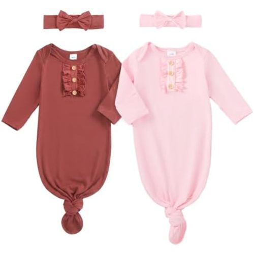 AMAWMW 2 Pack Newborn Baby Girl Boy Sleeper Gown Knotted Nightgown with Mittens Pajamas Set Infant Gifts Essential Outfit