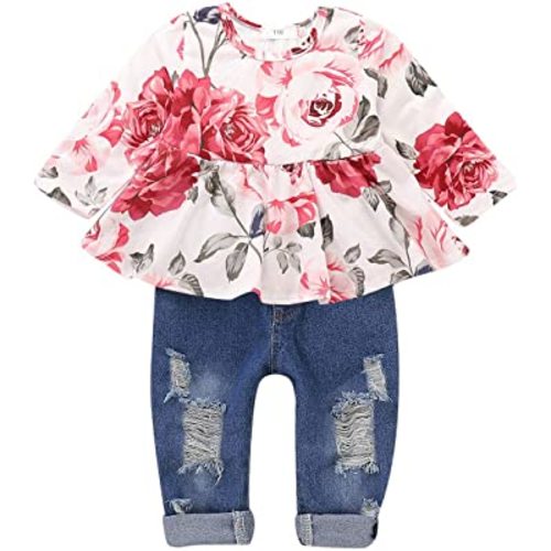 CARETOO Girls Clothes Outfits, Cute Baby Girl Floral Long Sleeve Pant Set Flower Ruffle Top
