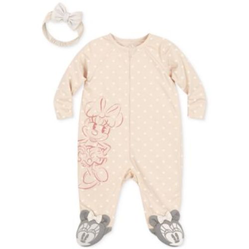 Baby Girls Minnie Mouse Footed Coverall & Headband, 2 Piece Set