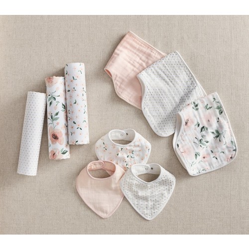 Meredith Floral Organic Muslin Bib, Burp and Swaddle Set