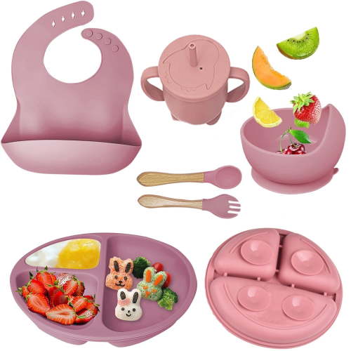 Baby Feeding Set,6 Piece,Baby Led Weaning Supplies with Suction Bowl Divided Plate, Toddler Self Feeding Dish Set with Spoons Forks Sippy Cup Adjustable Bib, Eating Utensils for 6+ Months