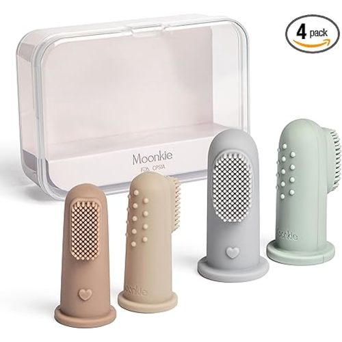 Moonkie Baby Toothbrush Finger Toothbrush Oral Cleaner Kit for 3 Months +, 4 Pcs Small (Sand/Warm Taupe)/Large (Blue/Mint)