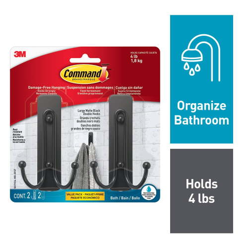 Command Bath Large Matte Black Double Hooks, 2pk