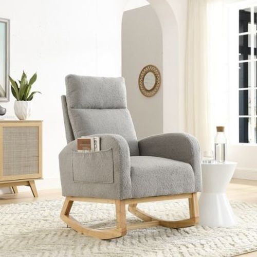 Modern Nursery Rocking Chair, Upholstered Glider Rocker with Side Pocket, Teddy Fabric Accent Armchair, Comfy Reading Chair for Living Room Bedroom
