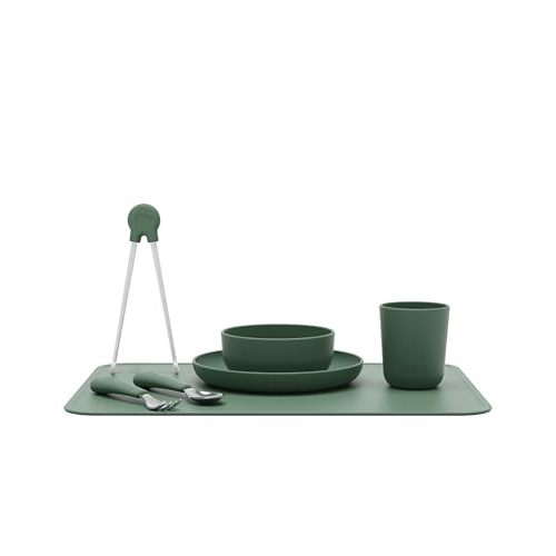 Lalo Big Bites Full Kit, 7-Piece Silicone Kids Dinnerware Set | Kids Tableware Set, Includes Silicone Plate, Bowl, Cup, Placemat, Utensils and Chopsticks, Non-Toxic, BPA-Free, Olive