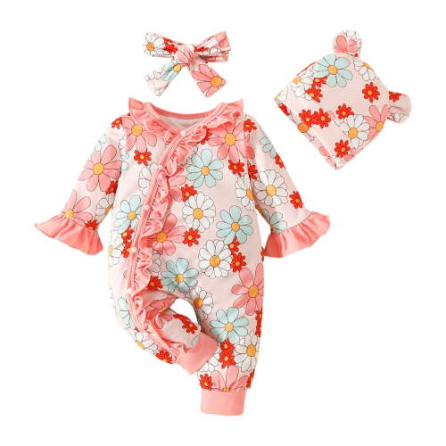 Kogui Baby Romper for Girls Baby Girl Romper Fall Winter Long Sleeve Bodysuit with Headband Jumpsuit Clothes 0 3 6 9 12 18 24 Months (Pink,0-3 Months)