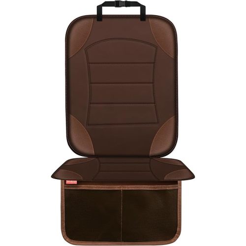 Sinvitron Car Seat Protector for Child Car Seat, Waterproof Car Seat Cover for Leather and Fabric Seats, 2 Mesh Pockets, Non-Slip Bottom, Thick Padding Cushion(1 Pack, Brown)