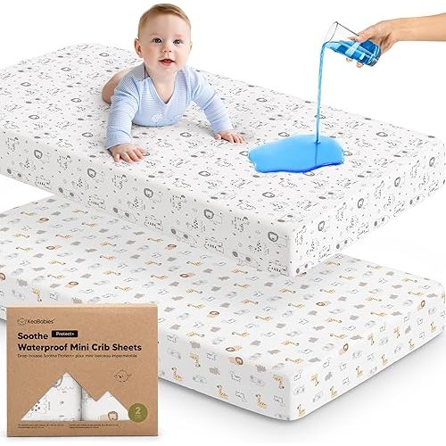 2-Pack Pack and Play Sheets, Waterproof Mini Crib Sheets Fitted - Organic Cotton Pack N Play Sheets for Graco Pack and Play Mattress, Playard Baby Crib Sheets, Neutral for Boy,Girl,Toddler (KeaSafari)