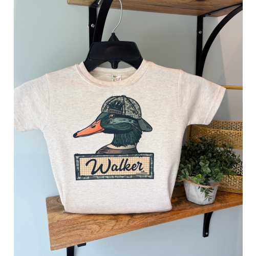 Mallard with Camo Hat with Name Box on Oatmeal Sublimation Baby Shirt, Laughing Giraffe Tee, Custom Kids T shirt