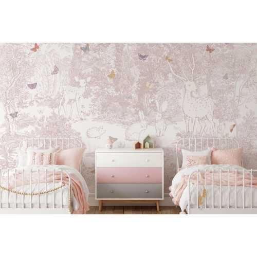 Heirloom Forest Wallpaper Mural – Pink Woodland Animals for Nursery, Peel and Stick or Pre-pasted KM423
