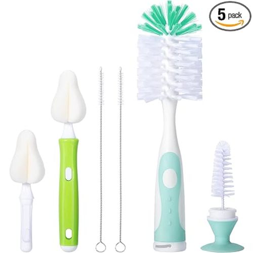 CAREBABYMORE Baby Bottle Brush with One Base Hidden Nylon Nipple Cleaner, 2 Pcs Sponge Nipple Brushes, 2 Pcs Straw Brushes, Bottle Brush with Nipple Cleaner and Suction Cup (Green)