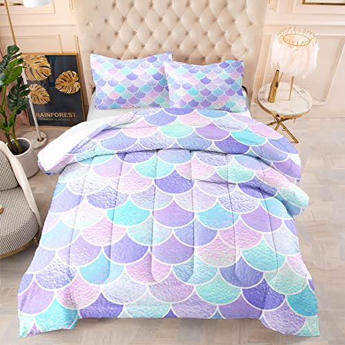 BSNTHO Blue Pink Mermaid Fish Scale Comforter 3 Piece for Girls Purple Glitter Kids Bedding Set Twin Size Colorful Scale Design Bedding with 1 Comforter 2 Pillowcases Ocean Theme Bedroom Decor