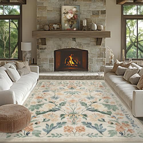 8x10 Area Rugs Washable Rug: Lagre Boho Living Room Rug Soft Non-Slip Thin Carpet Indoor Floor Non-Shedding Neutral Floral Carpets for Bedroom Dining Room Farmhouse Nursery Beige