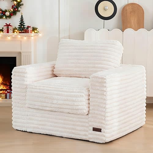 MAXYOYO Giant Bean Bag Chair for Adults, Upholstered Floor Sofa with Pillows and Armrests, Large Bean Bag Sofa Plush Chair Bean Bag Couch for Bedroom Living Room, White