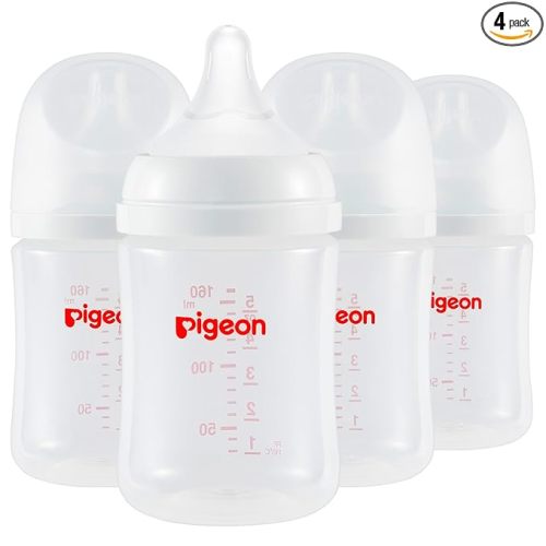 Pigeon PP Nursing Bottle Wide Neck, Anti-Colic, Streamlined Body, Natural Feel, Easy to Clean, 5.4 Oz (Pack of 4), Includes 4pcs SS Nipples (0m+)
