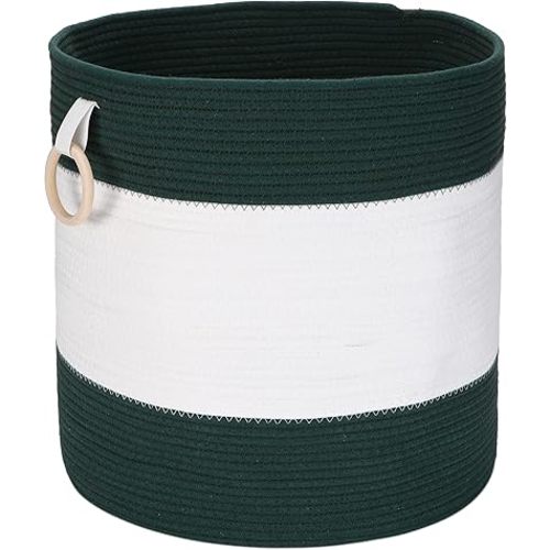 Sea Team Large Size Cotton Rope Storage Basket with Wooden Ring Handles, Laundry Hamper, Blanket Organizer for Bedroom, Nursery, Living Room, 17.7 x 17.7 inches, Round Open Design, Green & White