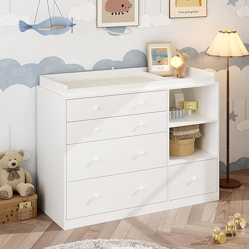 Nursery Dresser with Baby Changing Table, Diaper Changing Tables for Nursery with 5 Drawers & Shelves, Changing Station Nursery Organizer for Bedroom, White (47.6" W x 19.7" D x 36.1" H)