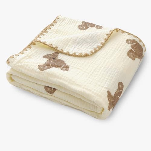 Gunnaicat Double Layered 100% Cotton Muslin Baby Blanket Ultra-Soft 40x40 Inch Swaddling Nursery Crib Blanket(Brown Bear)
