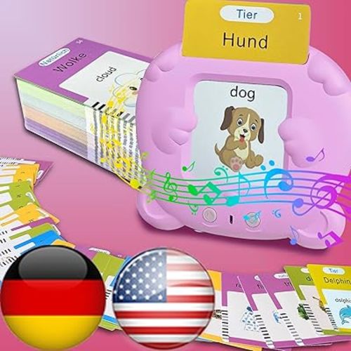 Bilingual English German Flash Cards - Deutsch Talking Flash Cards for Kids, Pocket Speech for Toddlers 3-12, Educational Learning Toys, Audible Gift Play Cards, Autism Sensory Toys (Pink)