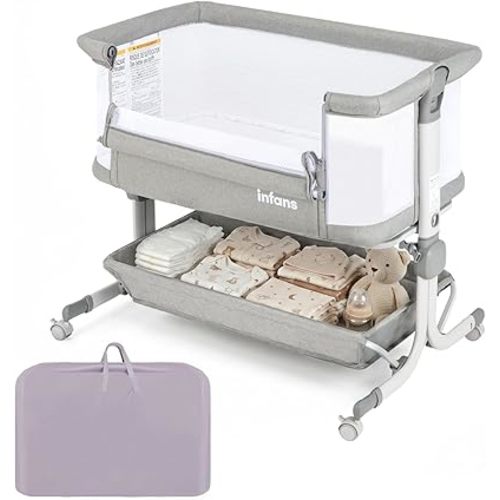 INFANS 3 in 1 Baby Bassinet, Bedside Sleeper with Comfy Mattress, Wheels, 6 Height Adjustable, Storage Basket, Travel Bag, Portable All Mesh Crib for Newborn Infant (Gray)