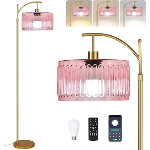 Pink Floor Lamp for Living Room,Bedroom,Gold Dimmable Standing Lamp with Remote,Mid Century Modern Brass Tall Lamp Boho Floor Lamps Arc Stained Glass Flower Floor Light Lamp Girls kids Bohemian