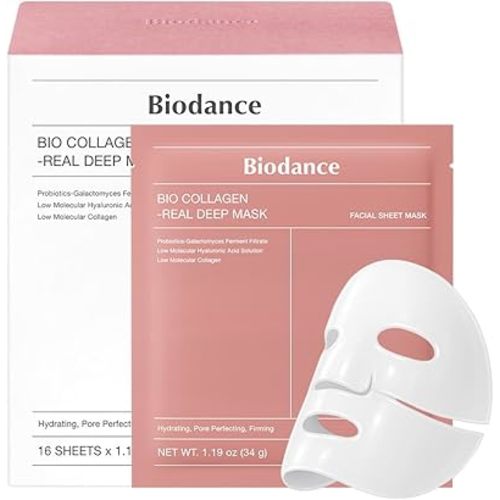 BIODANCE Bio-Collagen Real Deep Mask, Hydrating Overnight Hydrogel Face Mask, Pore Minimizing, Plumping, Elasticity Improvement, Korean Skin Care | 1.19oz(34g) x 16ea