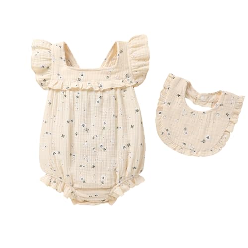 YOUNGER TREE Baby Girl Romper 100% Cotton Ruffle Sleeveless Summer Outfit with Accessory Soft Infant Clothes for Daily Wear