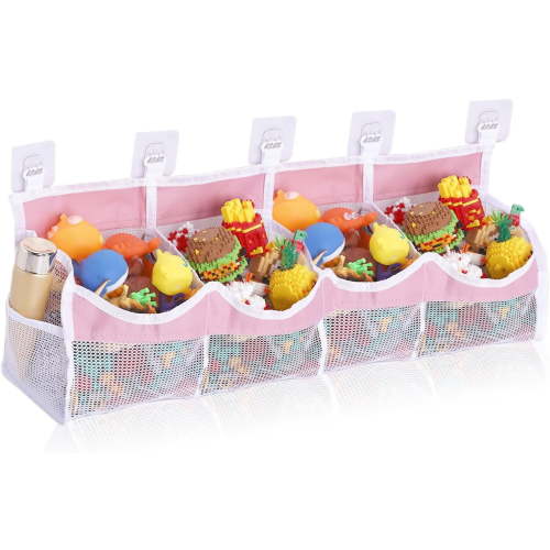 4 Compartment Bath Toy Storage Bag, Hang Bathtub Toy Storage Bag Bath Holder Shower Organizer Net for Tub Organizer Holder Tub for Toys for Bathroom (Pink)