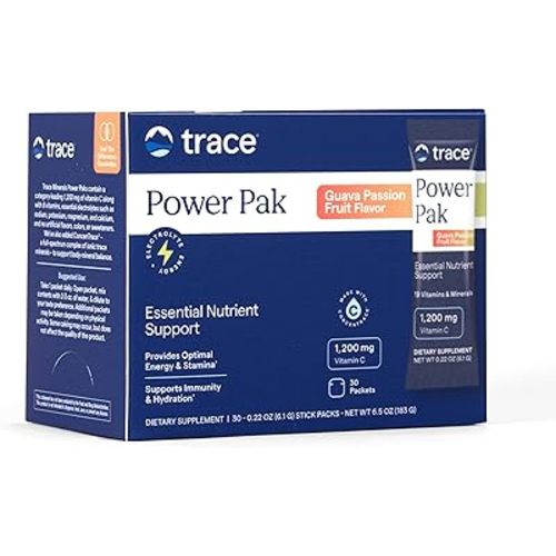 Trace Minerals Power Pak Electrolyte Powder Packets 30-Pack 1200 mg Vitamin C Zinc Magnesium Guava Passionfruit Hydration Drink Mix for Immunity Energy and Recovery
