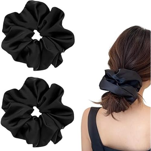 2 Pieces Jumbo Satin Silk Scrunchies for Women 7.5 Inches Large Oversize Scrunchies For Thick Hair Ties Hair Ornament (2 Black)