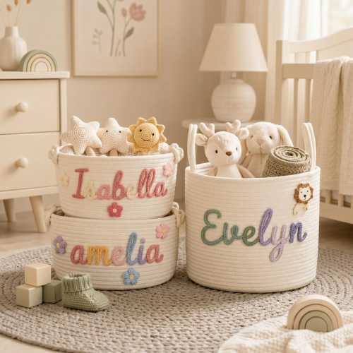 Personalized Handmade Basket • Baby Shower Gift • Toy Organizer • I-Cord Knitting Craft