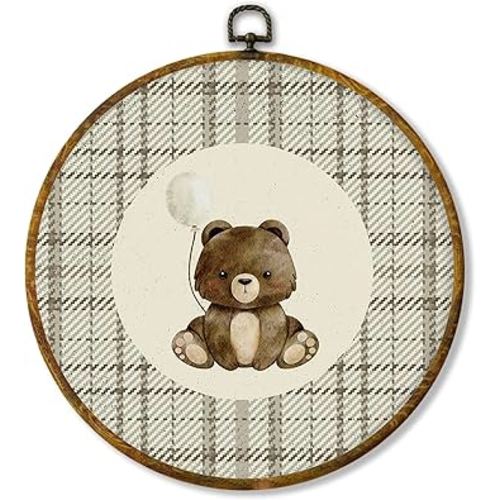 Hiuwevt Vintage Bear Round Wall Art Decor, Neutral Balloon Bear Framed Canvas Prints, Retro Beige Plaid Forest Animal Round Wall Hanging Decor for Nursery Kids Room Bedroom Decorations, 10x10 Inches